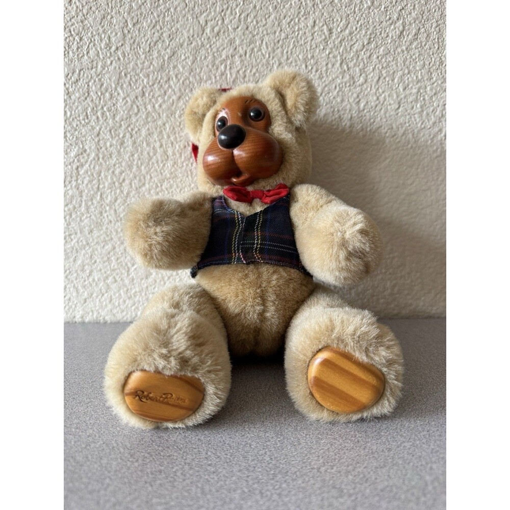 Robert Raikes Applause 10” Teddy Bear Wood Face Plaid Vest Red Bow Vintage Plush